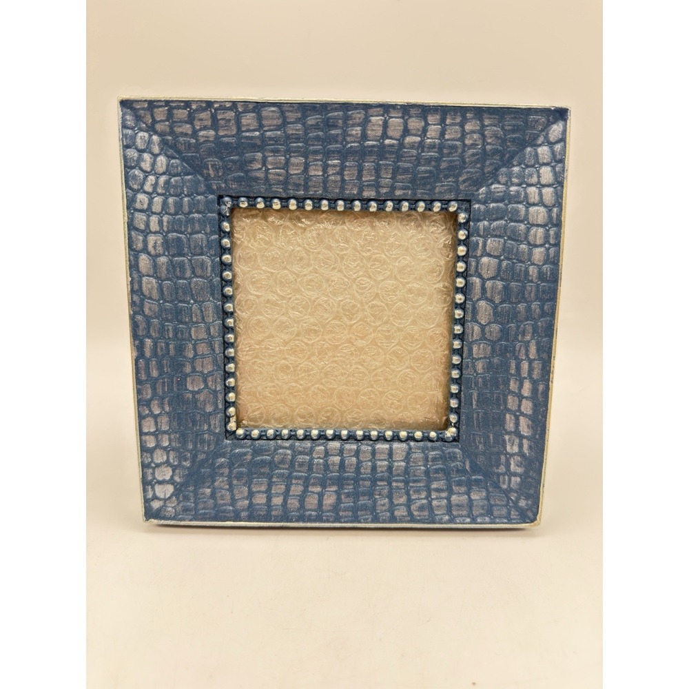 Nicole Miller Blue Faux Crocodile Picture Frame Fits 4 x 4" Photo Beaded EUC